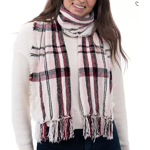 Soft Chenille Scarf Red Black Holiday Tartan Plaid Fringe Wrap - Picture 9 of 9